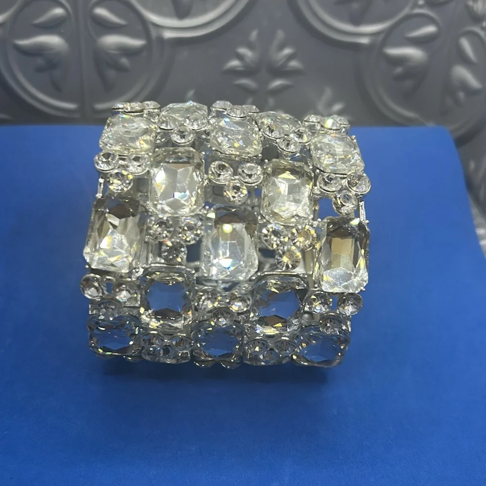 📌 📍 Wide Wedding Bridal Crystal Rhinestone Stretch‎ Chunky Statement Bangle B…